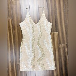 VENUS size L Gold & Cream V Neck Halter Dress, Beads and Sequins Mini Fitted